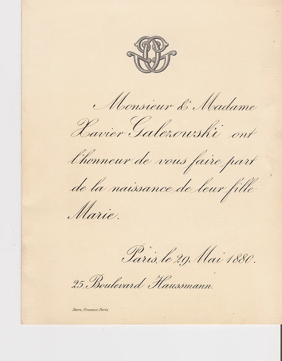 Faire-part de naissance de Marie Galezowska, 29 mai 1880