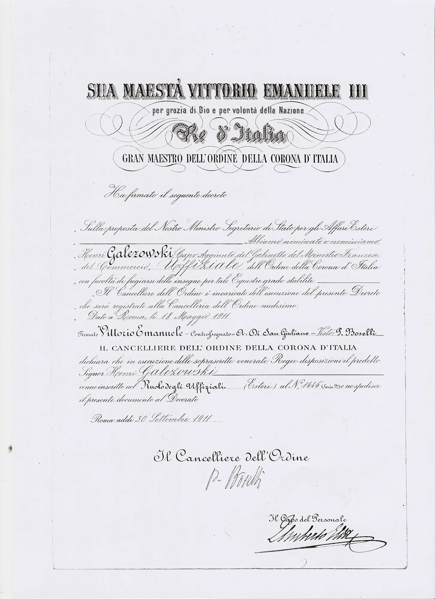 Brevet de l'ordre de la Couronne d'Italie d'Henri Galezowski, 1911