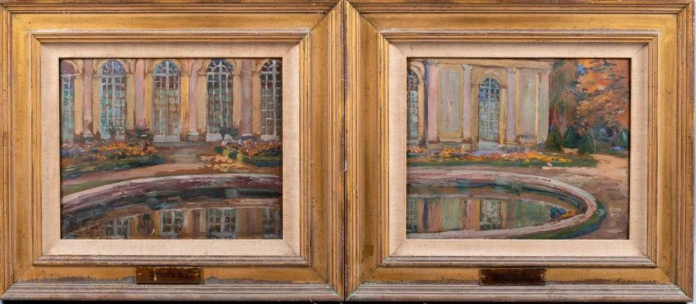 Deux huiles sur carton, « Jardin à la française avec bassin », 1927, signées « M. Galezowska » (attribution probable)