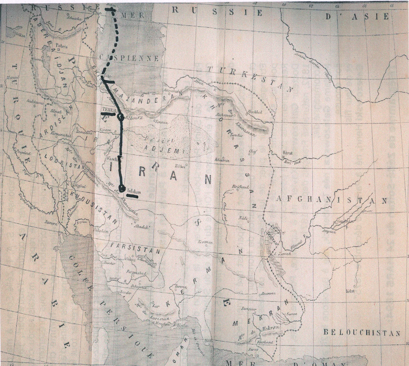 Carte de la Perse avec l'itinéraire du voyage tracé en trait noir, de la Caspienne à Ispahan