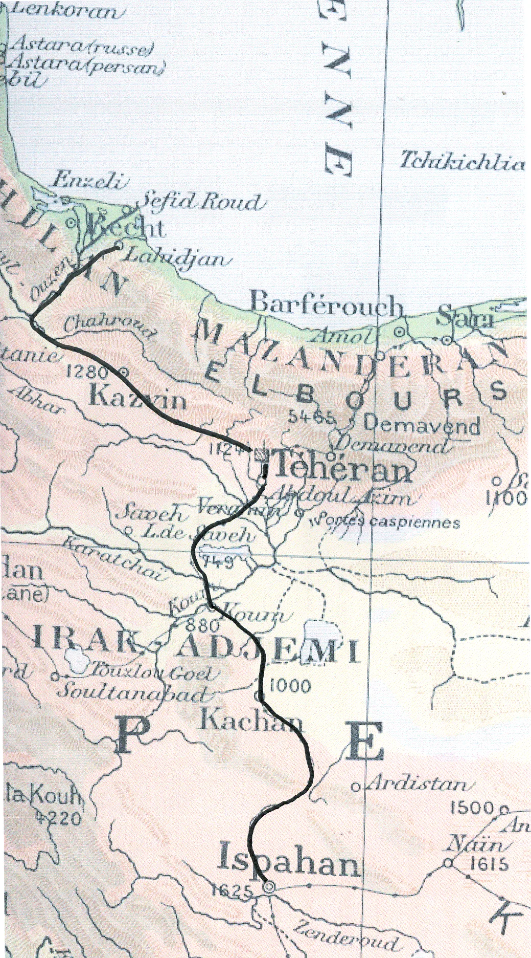 Itinéraire de Recht à Ispahan par Téhéran, tracé en noir sur une carte