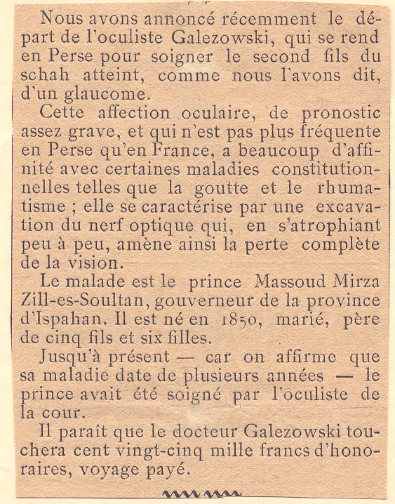 Coupure de L'Événement annonçant le départ de l'oculiste Galezowski pour la Perse