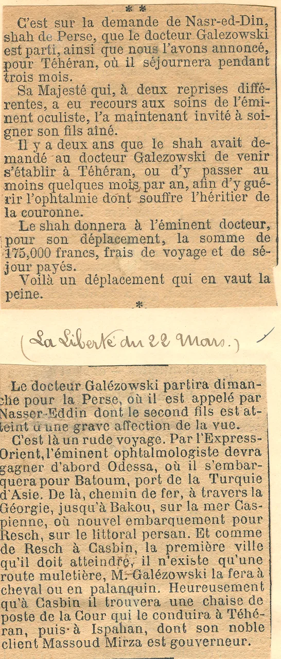 Coupures du Figaro et de La Liberté du 22 mars 1894 sur le départ du docteur Galezowski