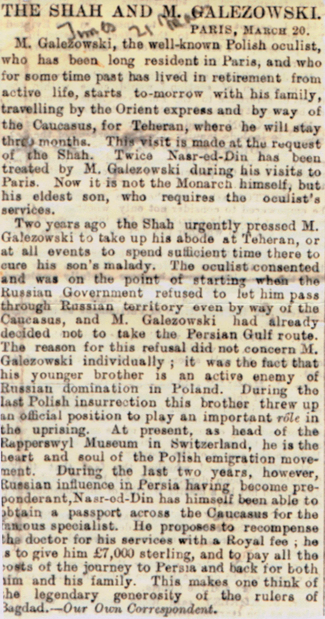 Coupure du Times, mars 1894, intitulée The Shah and M. Galezowski