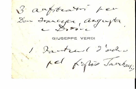 Billet autographe de Giuseppe Verdi : des places pour la famille Tamberlick