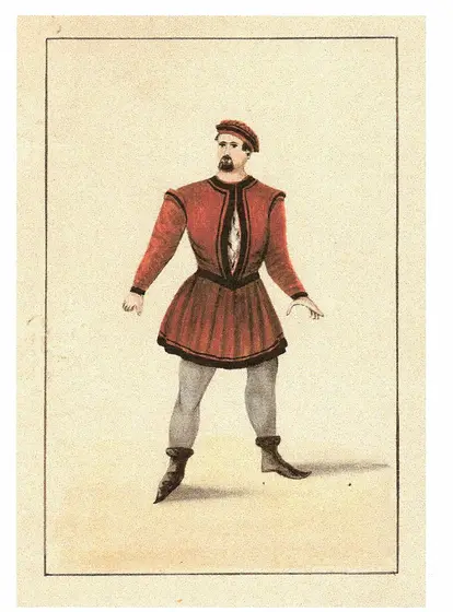 Costume de scène de Tamberlick : pourpoint rouge (aquarelle)
