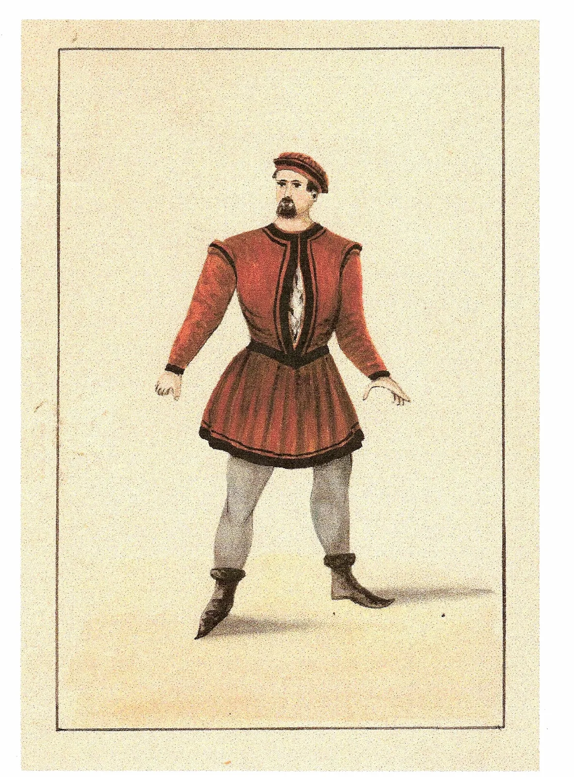 Aquarelle d'un costume de scène d'Enrico Tamberlick, pourpoint rouge