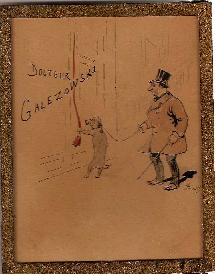 Caricature : un chien tire le cordon d'une sonnette à la porte du Docteur Galezowski